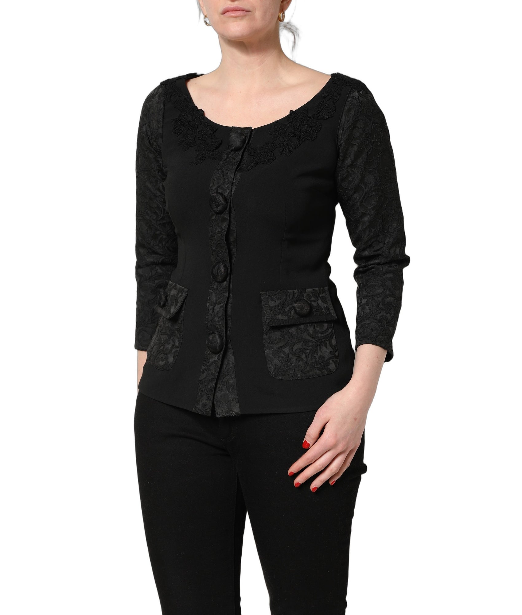 Dolce & Gabbana Dark Gray Button Fastening Lace Trimmed Blazer Jacket