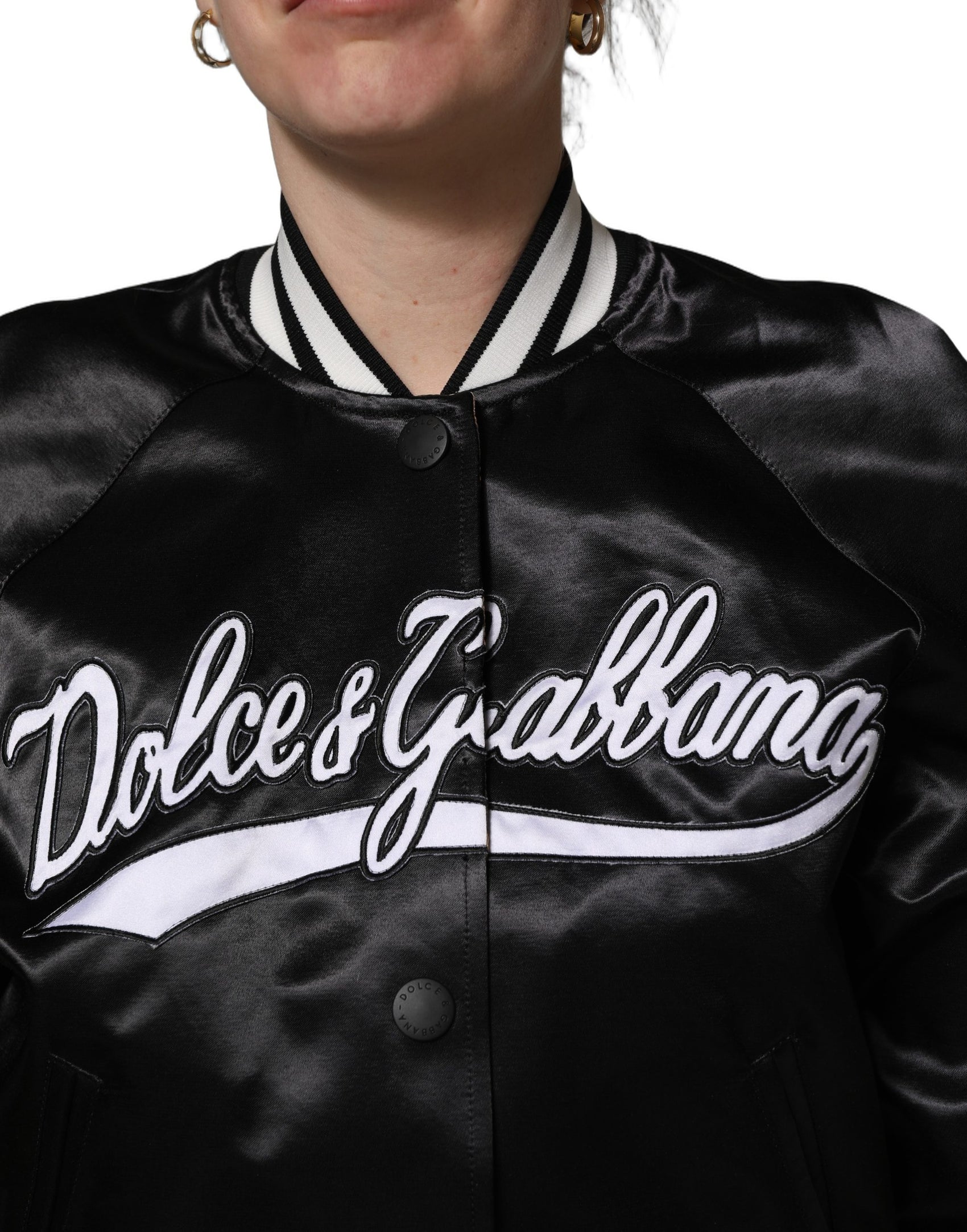 Dolce & Gabbana Black Satin Floral Embroidery Bomber Jacket