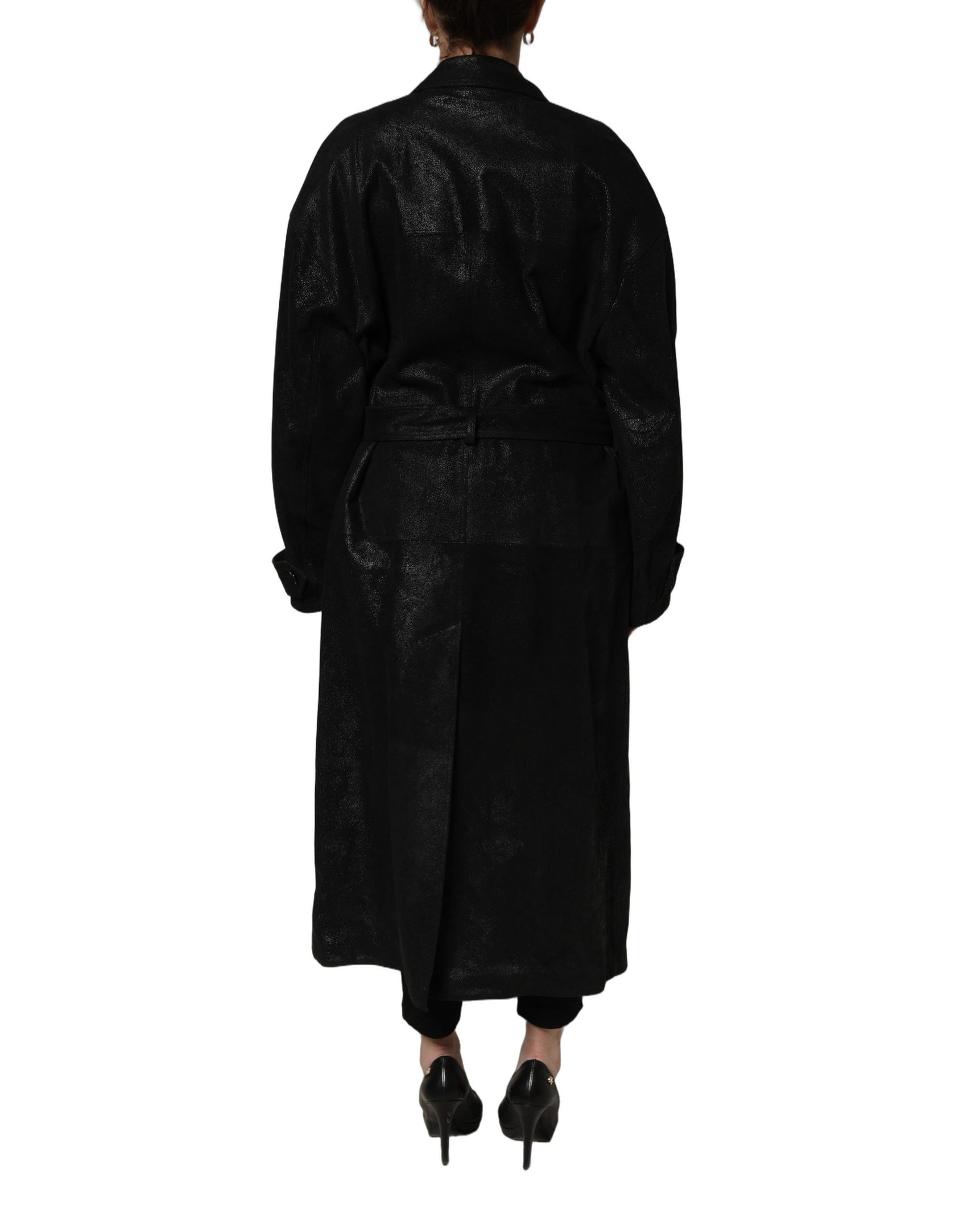 Dolce & Gabbana Black Belted Sheepskin Trench Coat Jacket