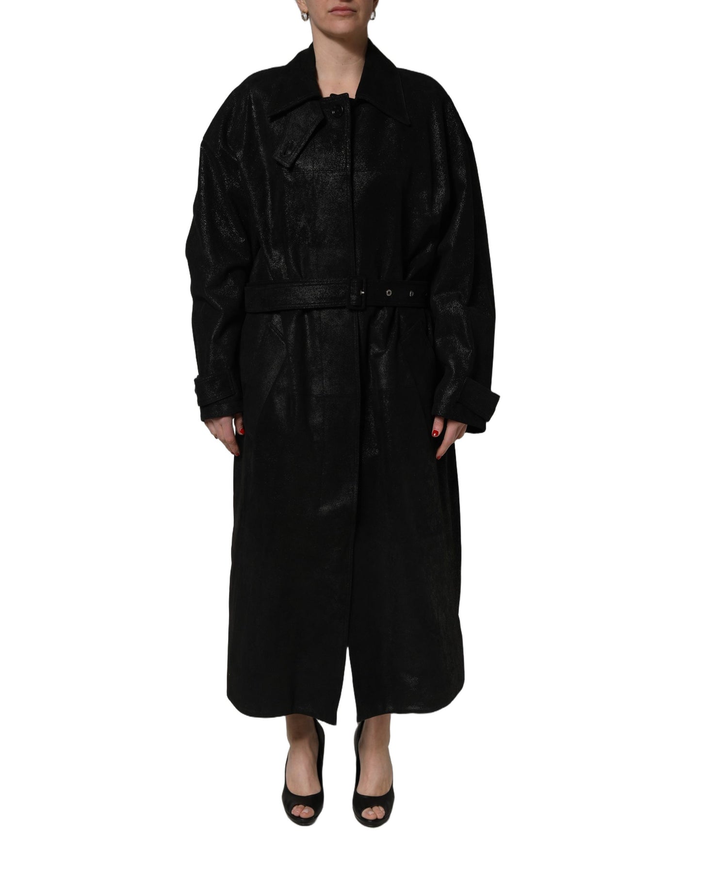 Dolce & Gabbana Black Belted Sheepskin Trench Coat Jacket