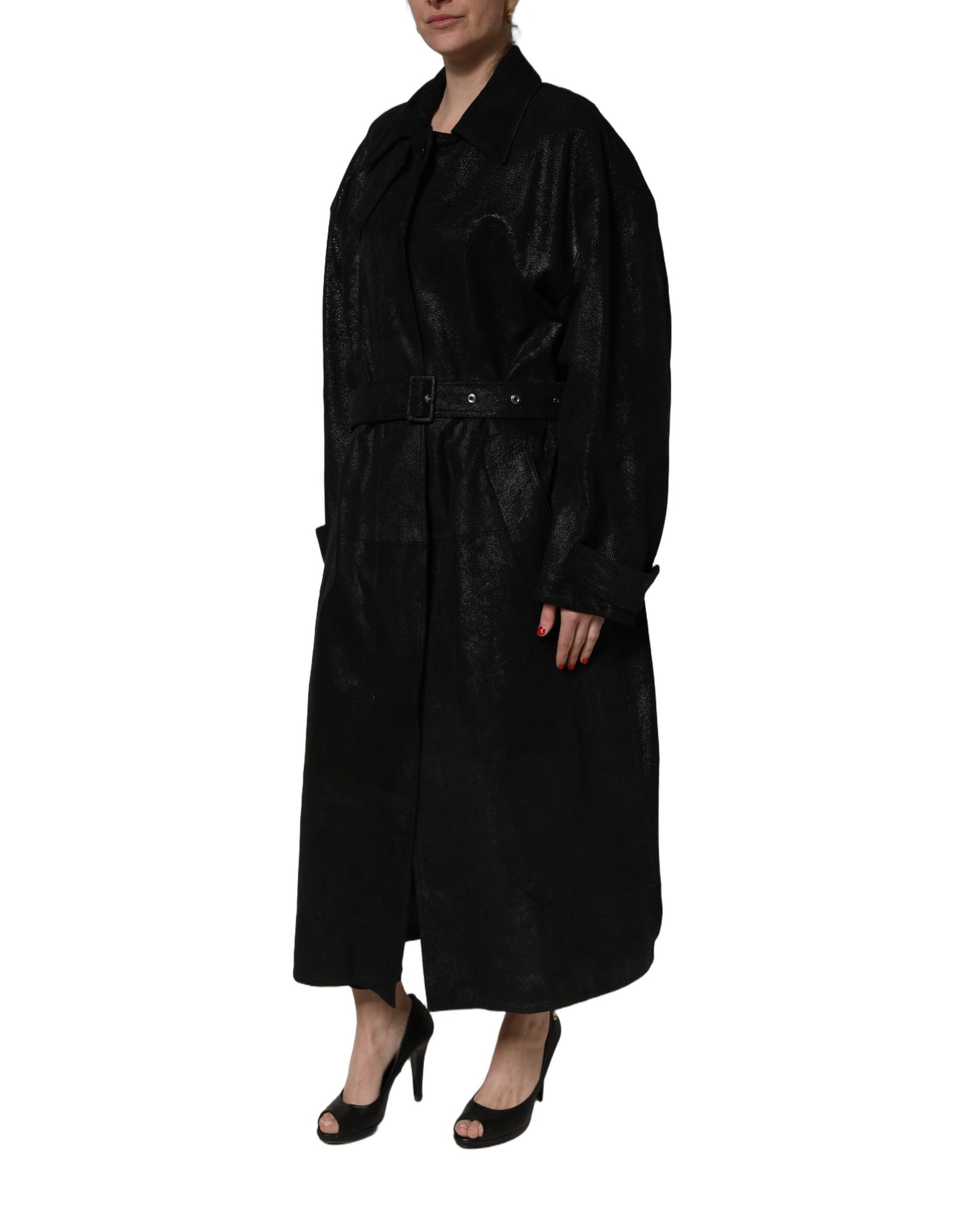 Dolce & Gabbana Black Belted Sheepskin Trench Coat Jacket
