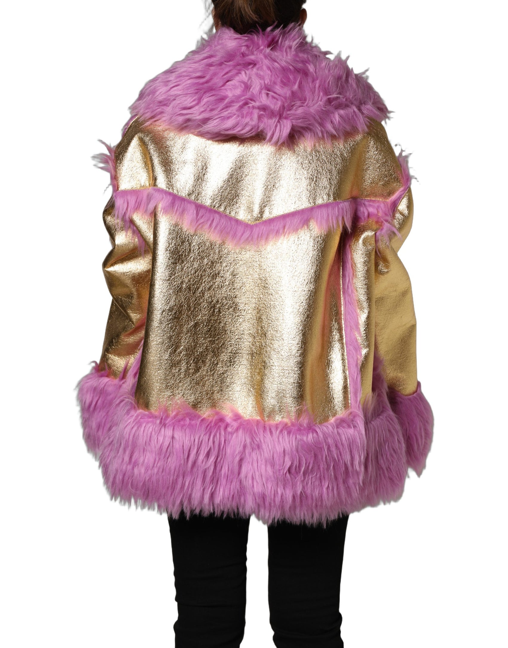 Dolce & Gabbana Pink Plush Faux Fur Gold Leather Coat Jacket