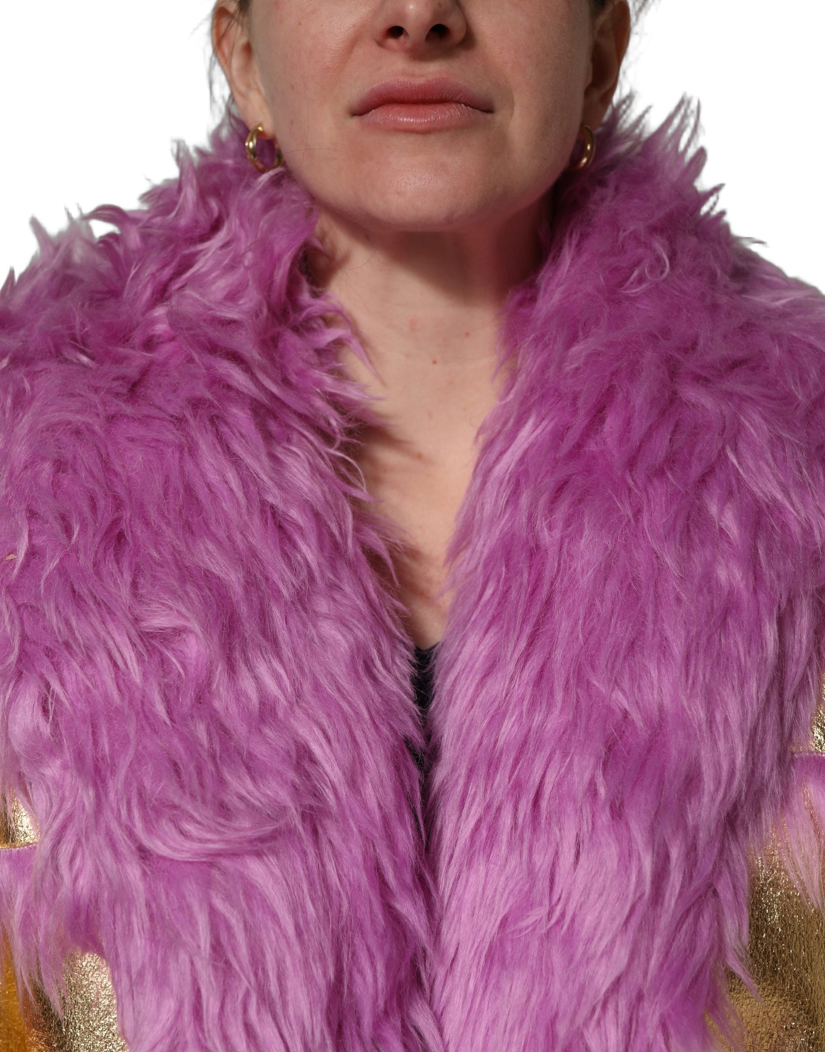 Dolce & Gabbana Pink Plush Faux Fur Gold Leather Coat Jacket
