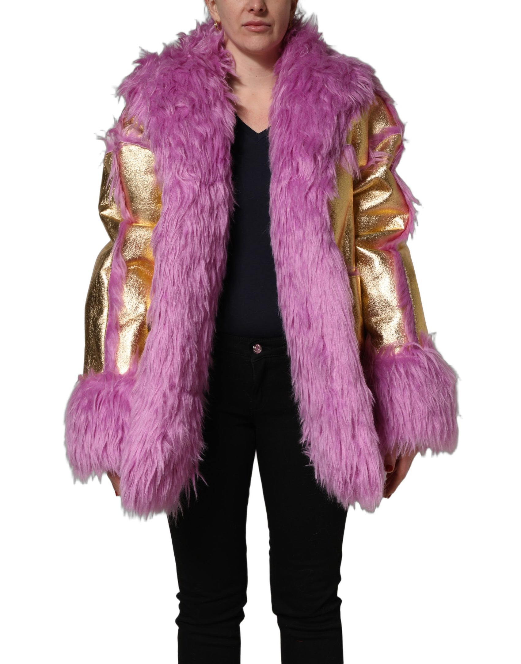 Dolce & Gabbana Pink Plush Faux Fur Gold Leather Coat Jacket