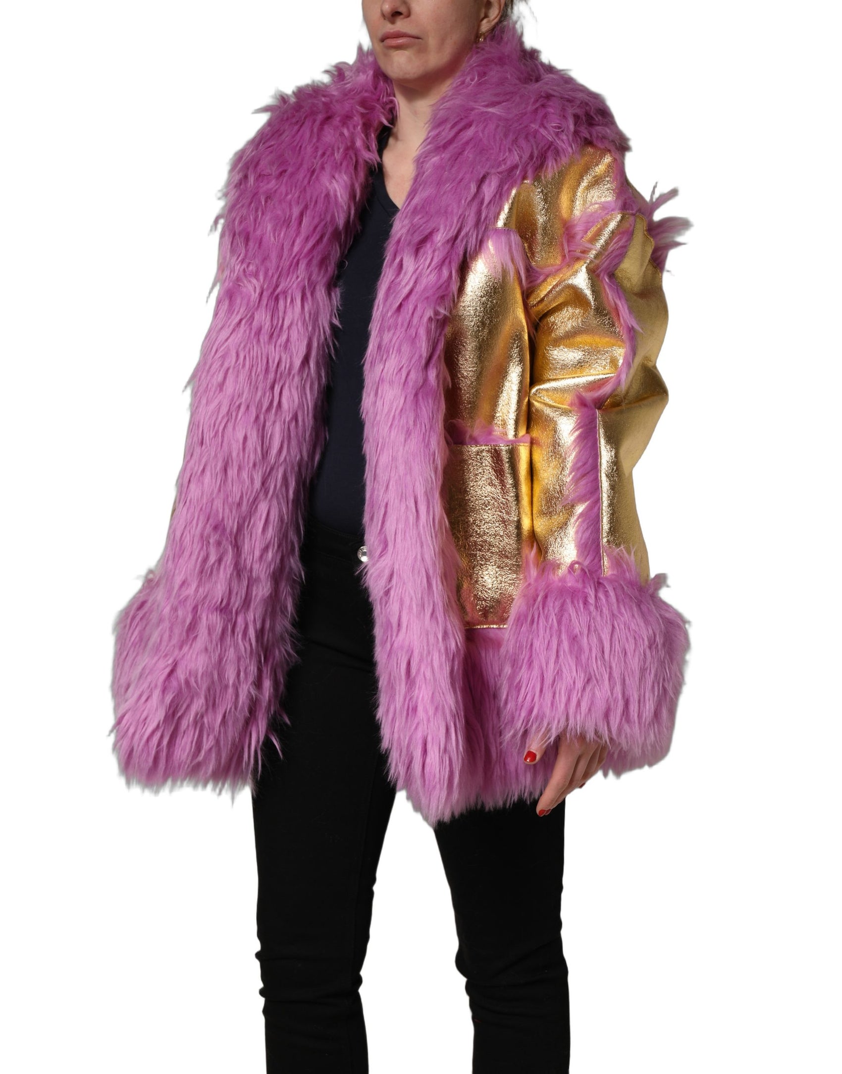 Dolce & Gabbana Pink Plush Faux Fur Gold Leather Coat Jacket