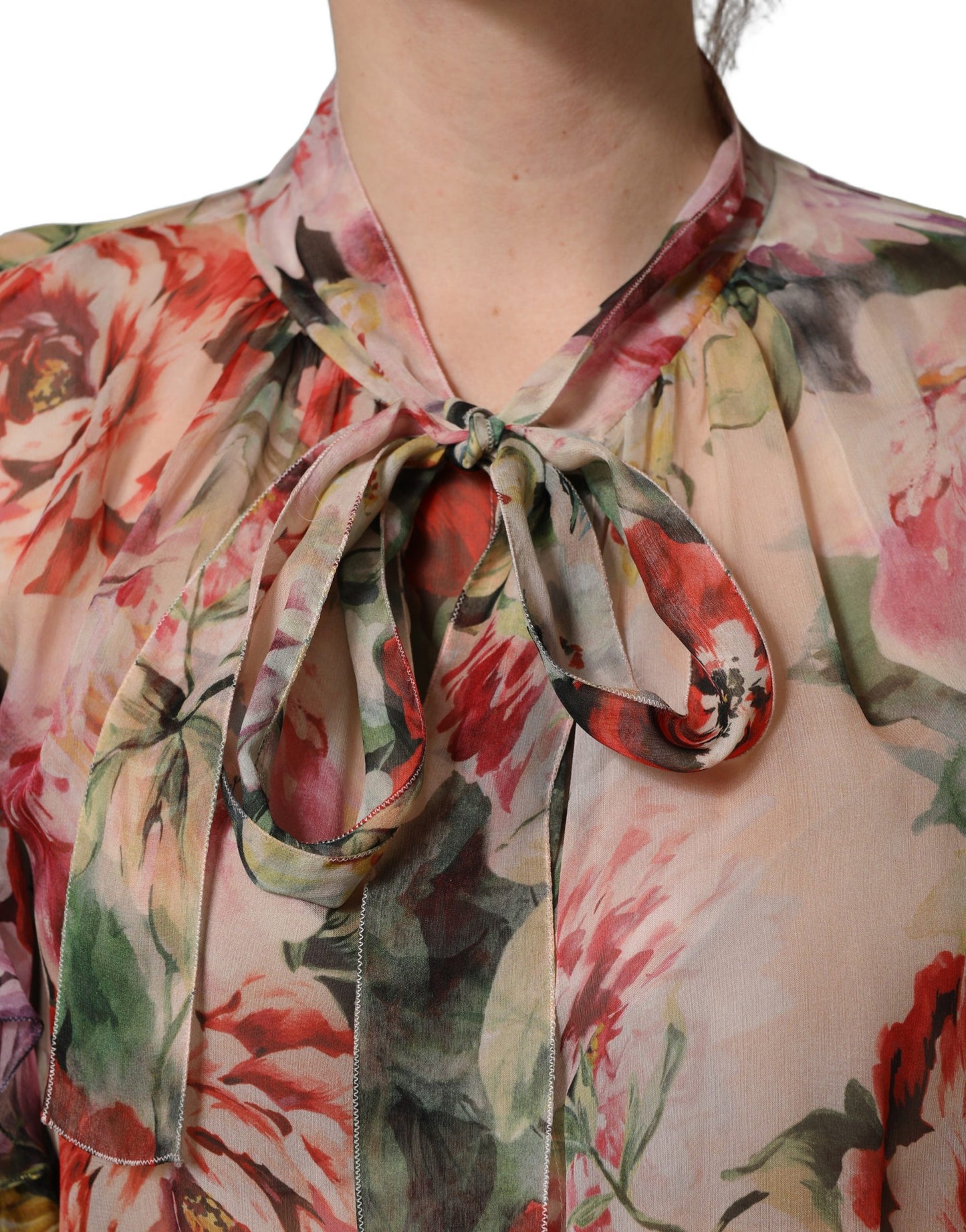 Dolce & Gabbana Multicolor Floral Tie-Neck Silk Chiffon Blouse Top