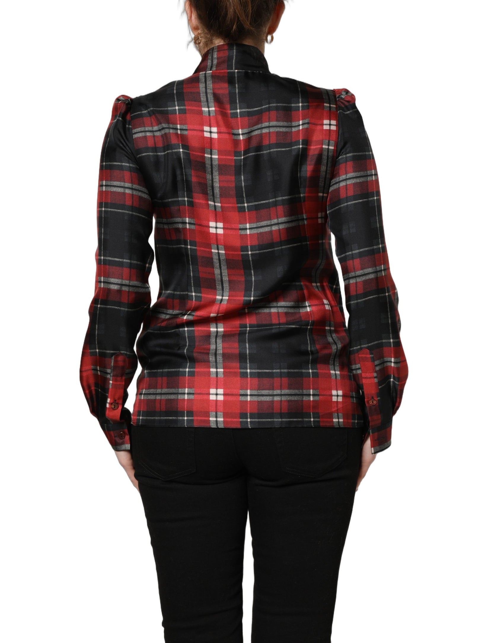 Dolce & Gabbana Red Black Plaid Silk Tie-Neck Blouse Top