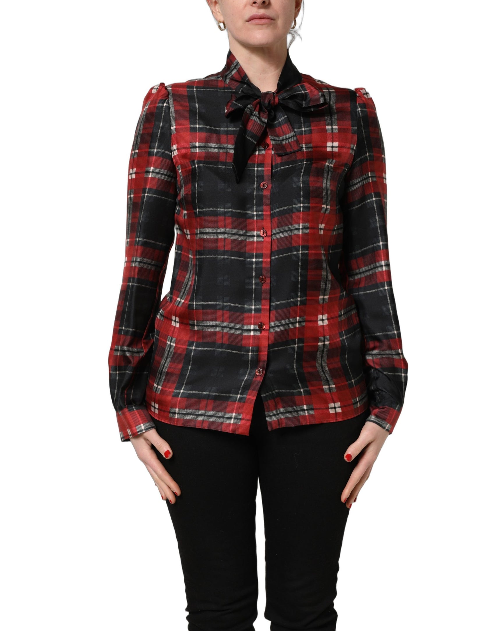 Dolce & Gabbana Red Black Plaid Silk Tie-Neck Blouse Top
