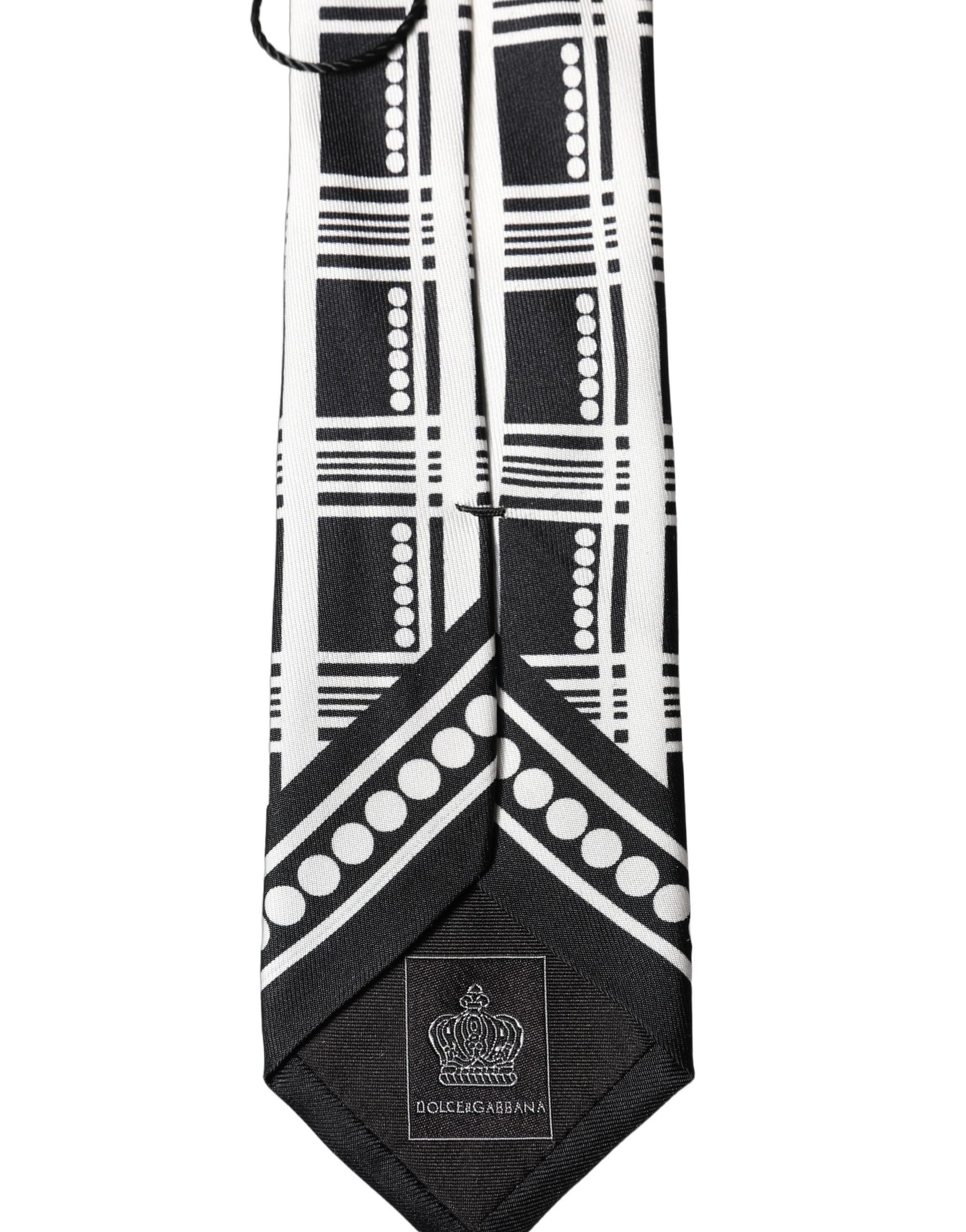 Dolce & Gabbana Black White Abstract Silk Adjustable Men Tied Necktie Tie