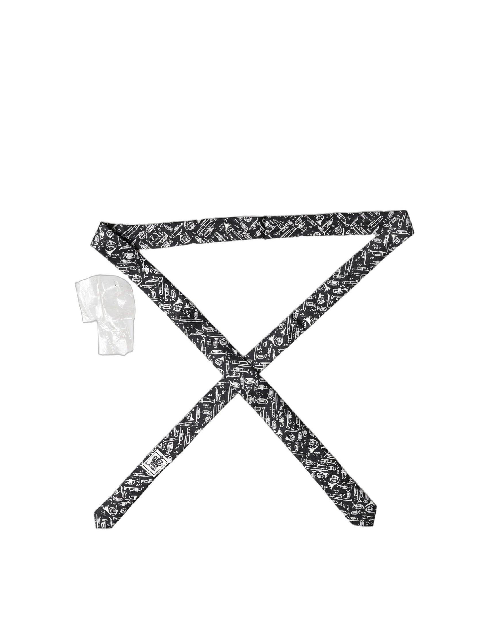 Dolce & Gabbana Black Trumpet Print Silk Adjustable Men Tied Necktie Tie
