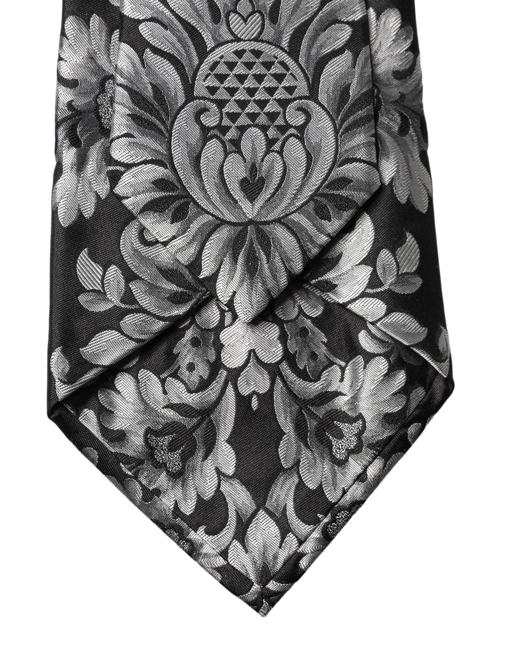 Dolce & Gabbana Black Silver Floral Silk Adjustable Women Necktie Tie
