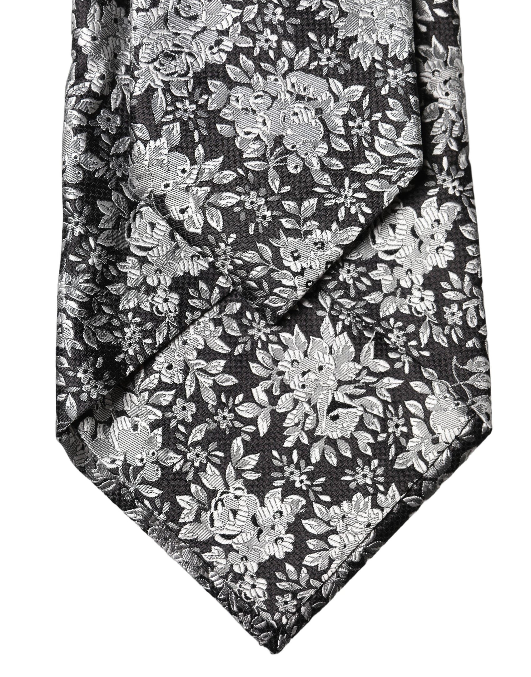 Dolce & Gabbana Black Silver Floral Silk Adjustable Women Necktie Tie