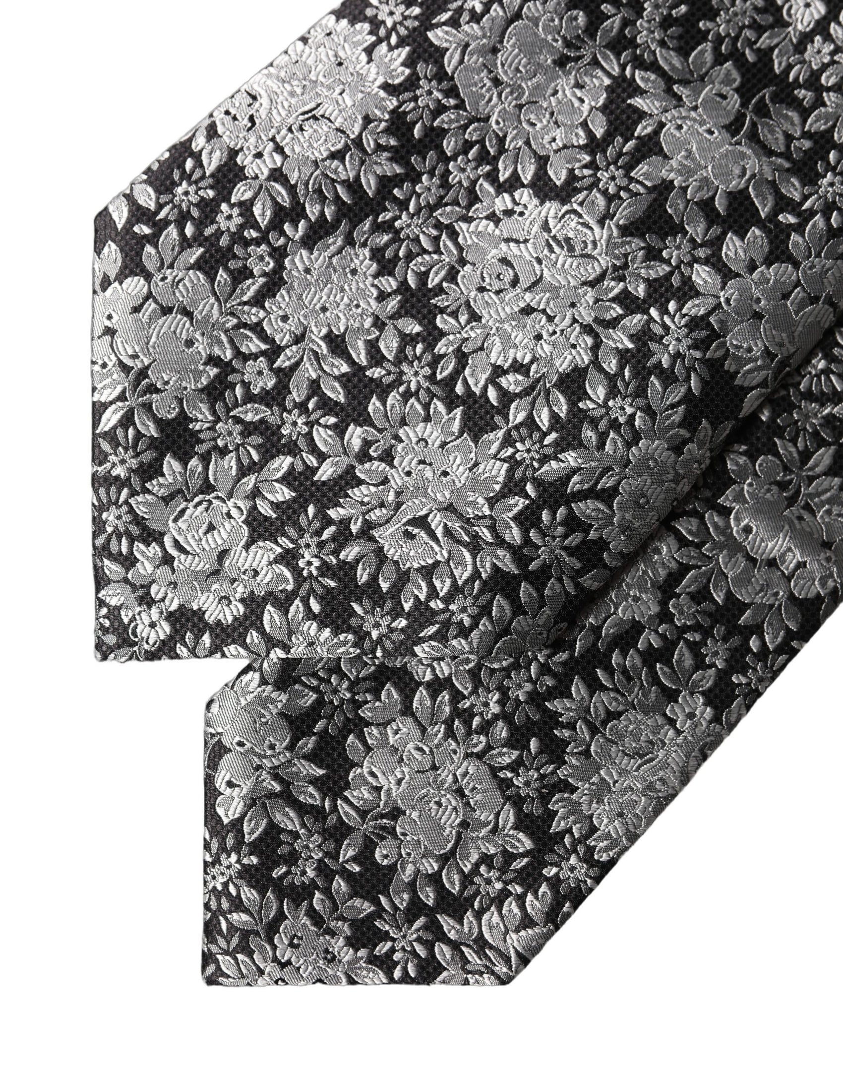 Dolce & Gabbana Black Silver Floral Silk Adjustable Women Necktie Tie