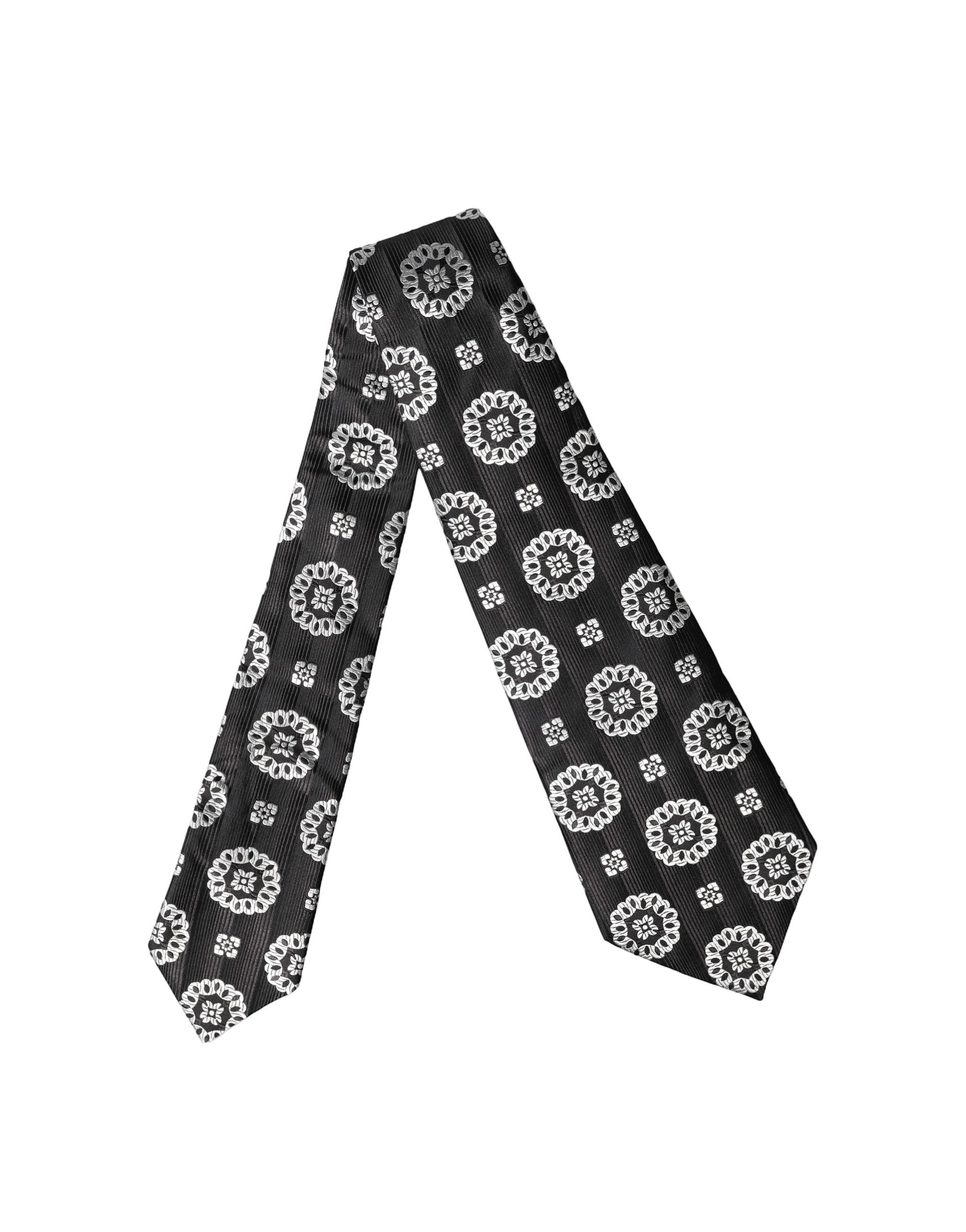 Dolce & Gabbana Black White Floral Silk Adjustable Women Necktie Tie
