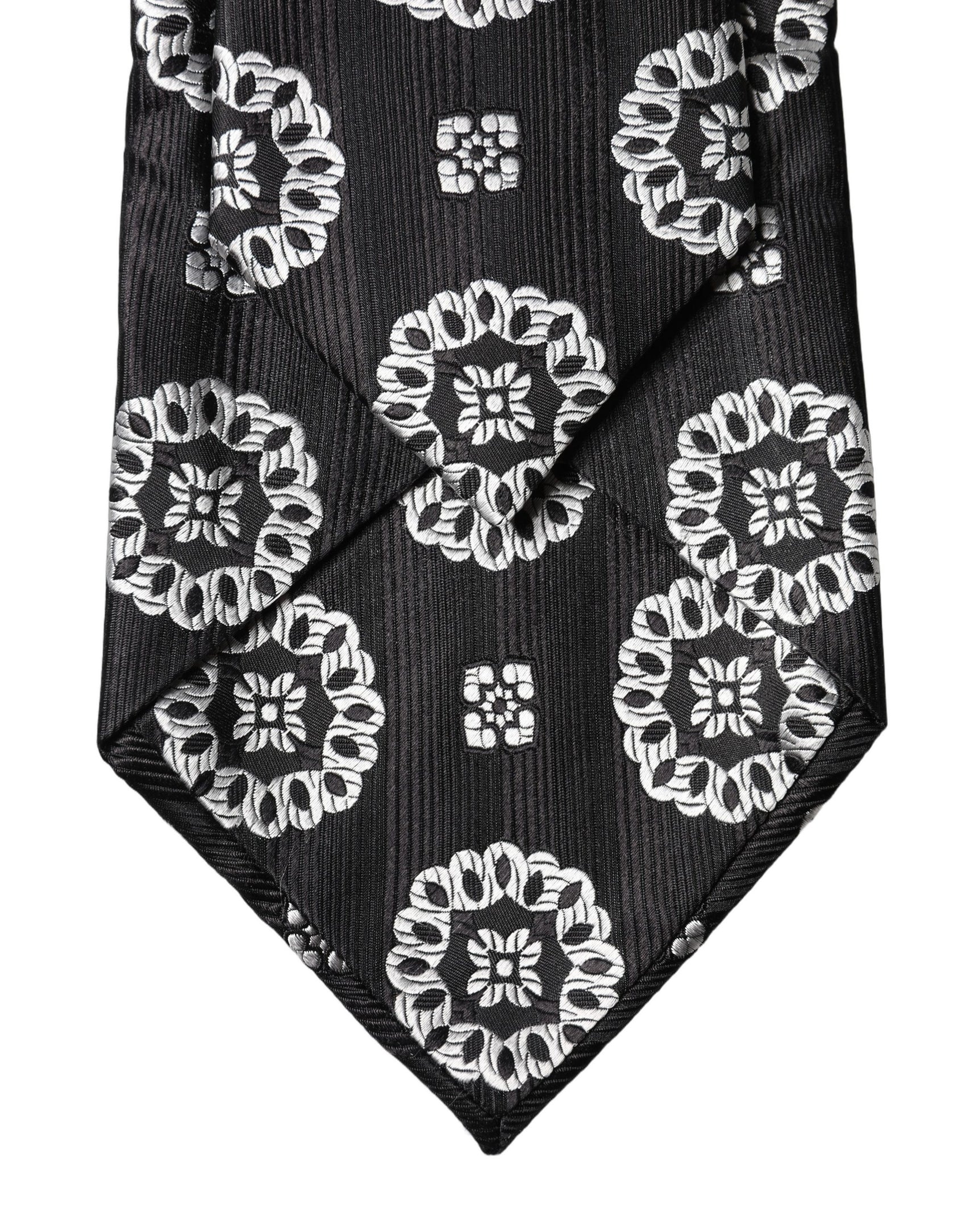 Dolce & Gabbana Black White Floral Silk Adjustable Women Necktie Tie