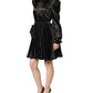 Dolce & Gabbana Black Satin Long Puff Sleeves Pleated Dress