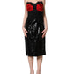 Dolce & Gabbana Black Strapless Red Rose Sequined Midi Dress