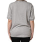 Dolce & Gabbana Gray Cotton V-neck Owl Silk Scarf Top T-shirt