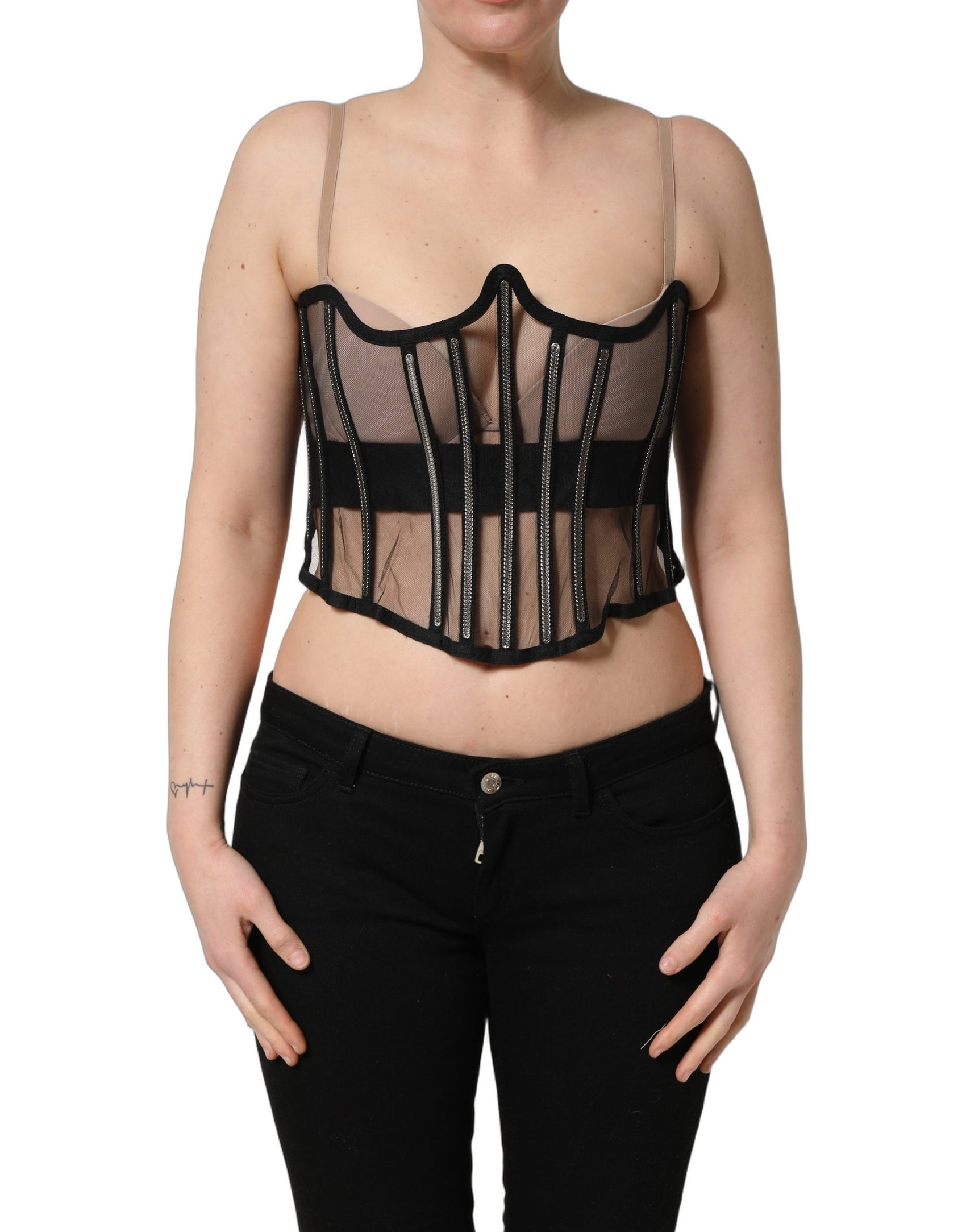 Dolce & Gabbana Black Sheer Tulle Bodysuit Cropped Corset Top