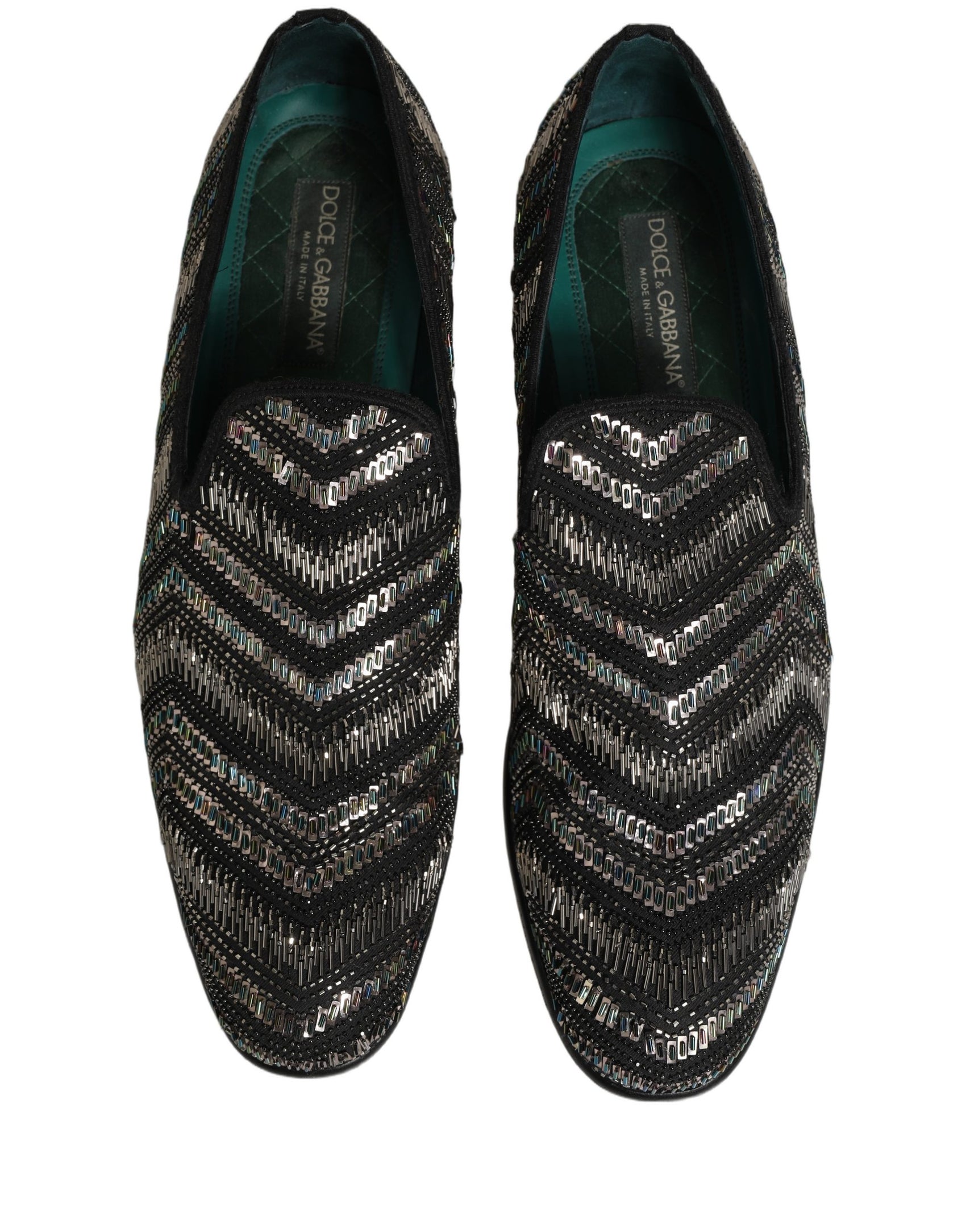 Dolce & Gabbana Black Silver Embellished Slip On Loafers Shoes