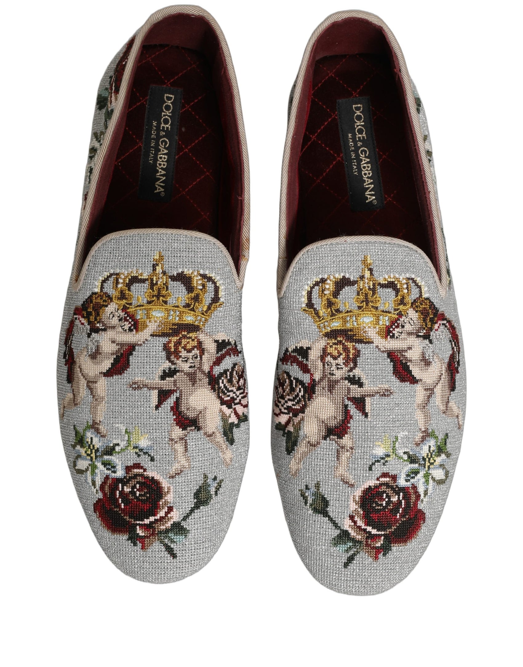 Dolce & Gabbana Gray Crown Rose Angel Embroidery Loafer Shoes