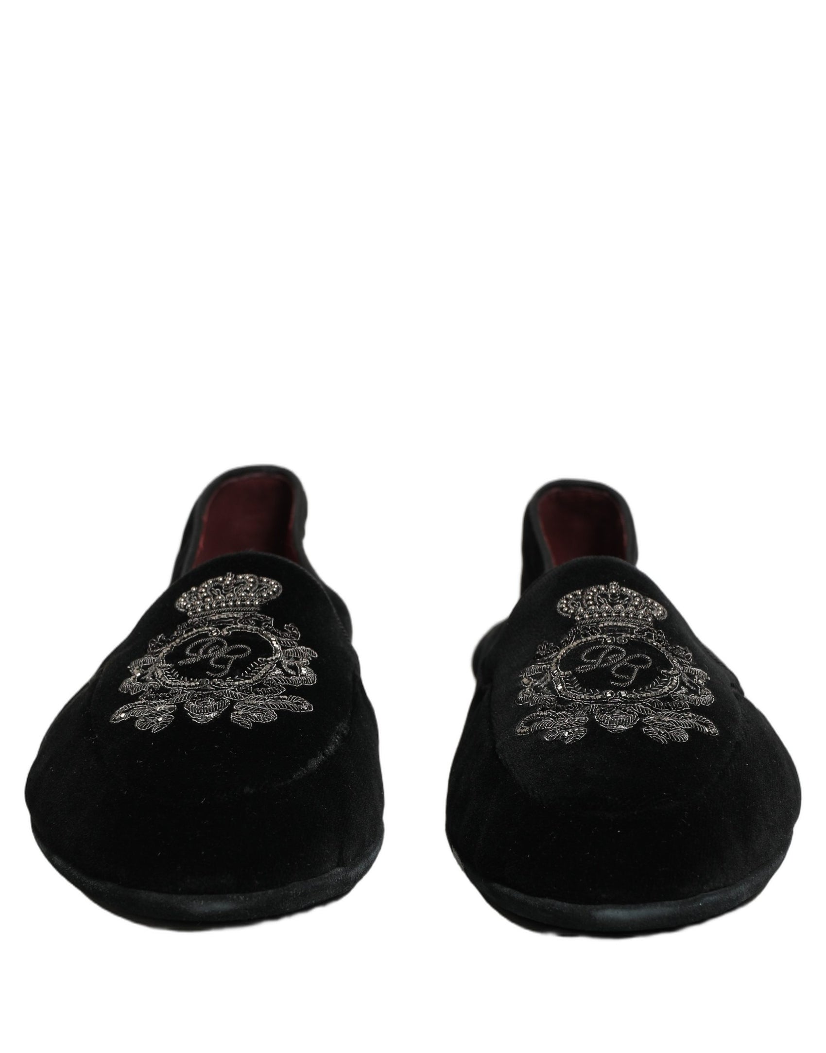 Dolce & Gabbana Black Velvet Crown Embroidery Loafers Shoes
