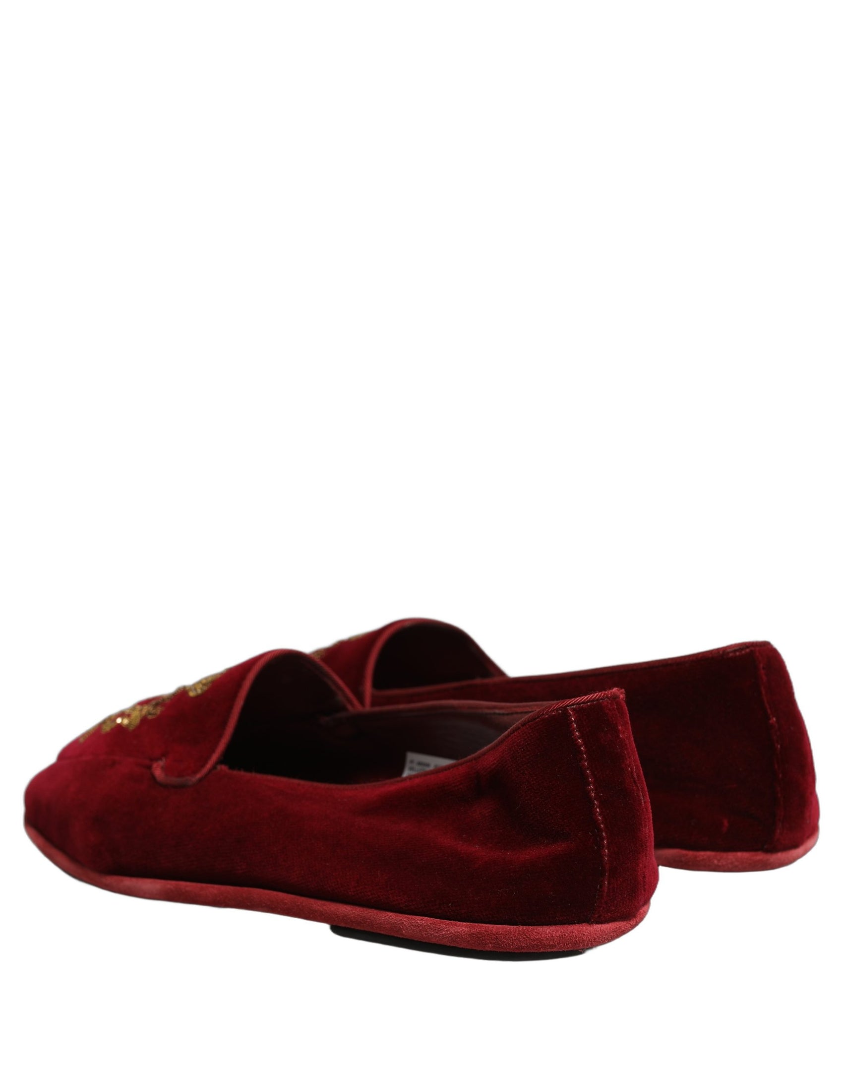 Dolce & Gabbana Maroon Velvet Crown Embroidery Loafers Shoes