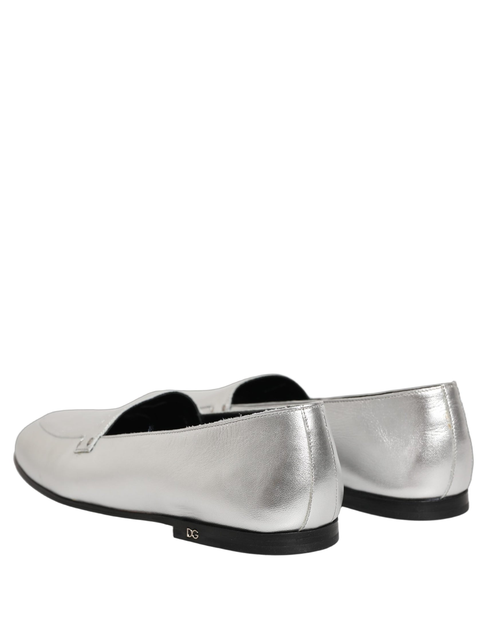 Dolce & Gabbana Silver Leather DG Logo Slip On Loafers Shoes