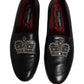 Dolce & Gabbana Black Leather Crown Embellished Loafers Shoes
