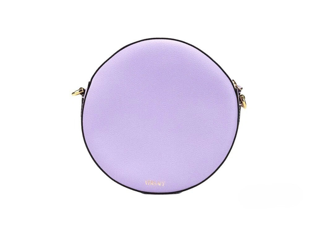 Versace Round Disco Lilac Pebbled Leather Camera Case Crossbody Bag Purse