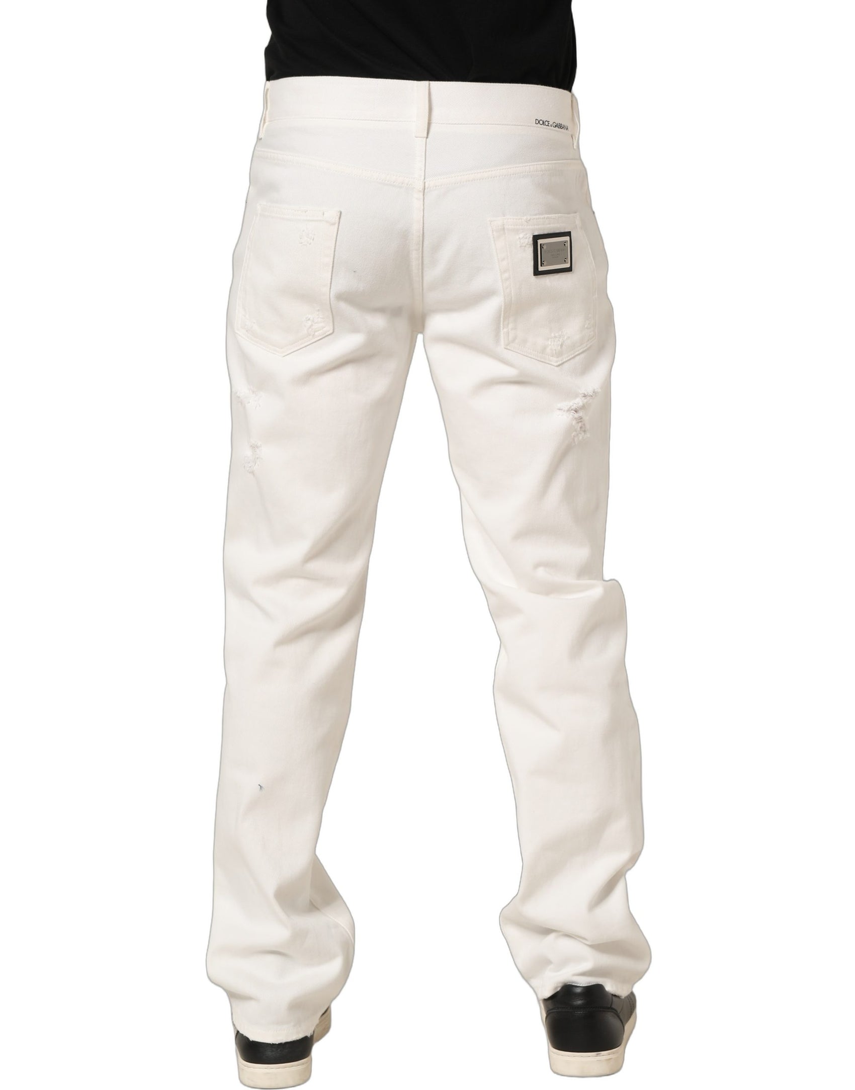 Dolce & Gabbana White Cotton Distressed Straight Denim Jeans