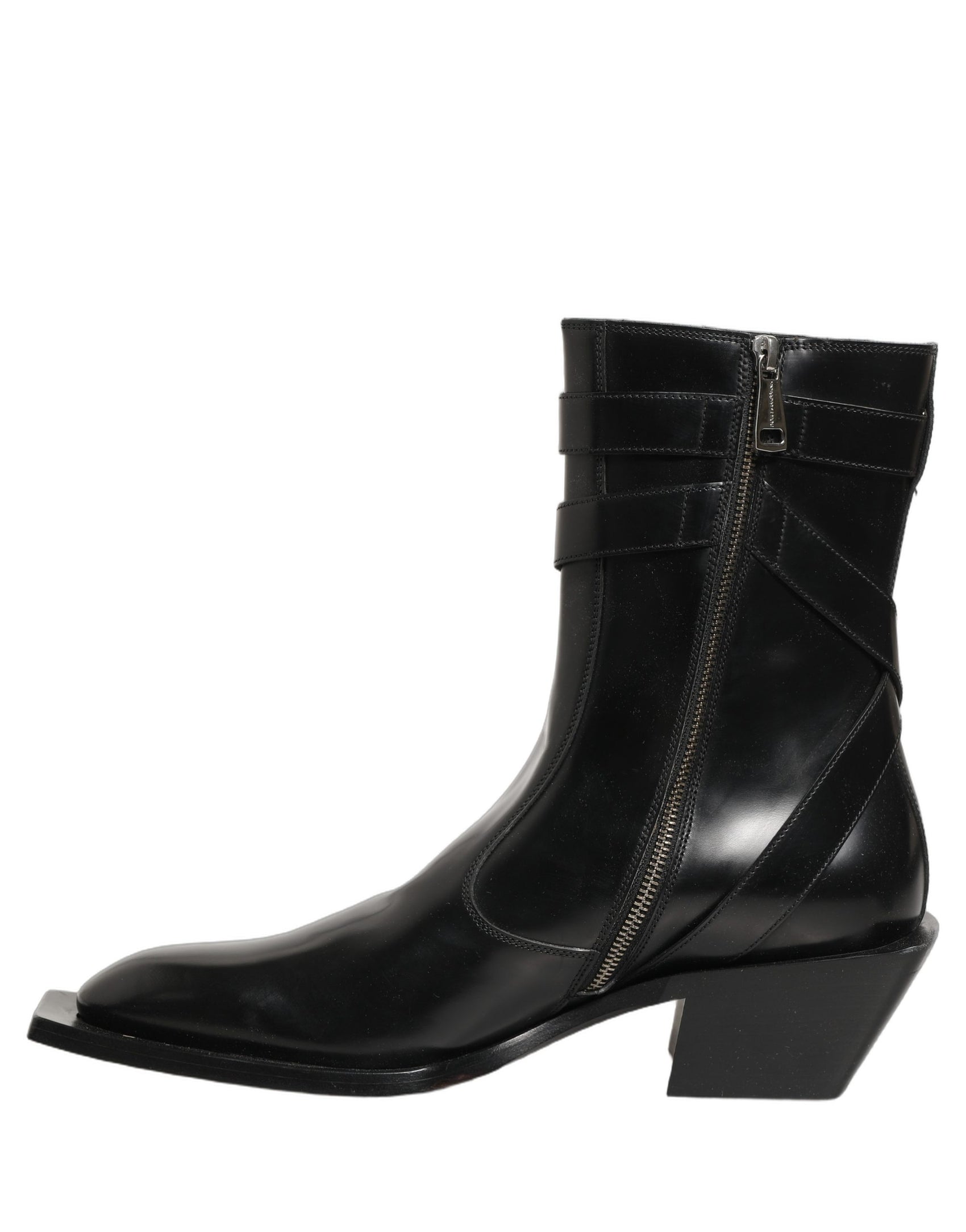 Dolce & Gabbana Black Leather DG Plaque Mid Calf Boots Shoes