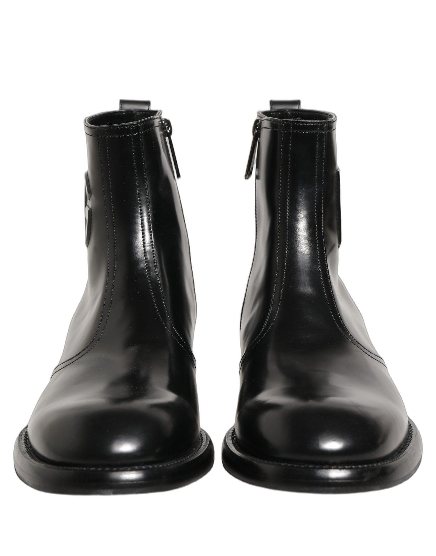 Dolce & Gabbana Black Leather Embossed Logo Ankle Boots Shoes