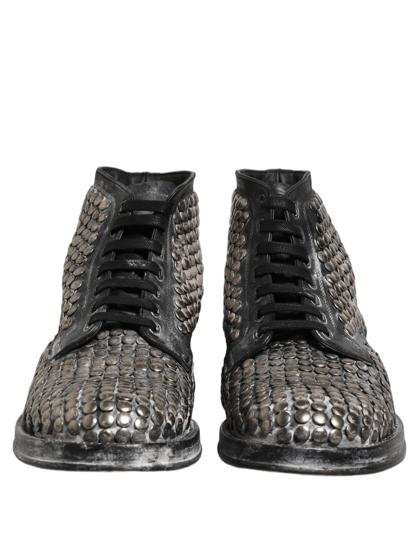 Dolce & Gabbana Black Leather Runway Studs Ankle Boots Shoes