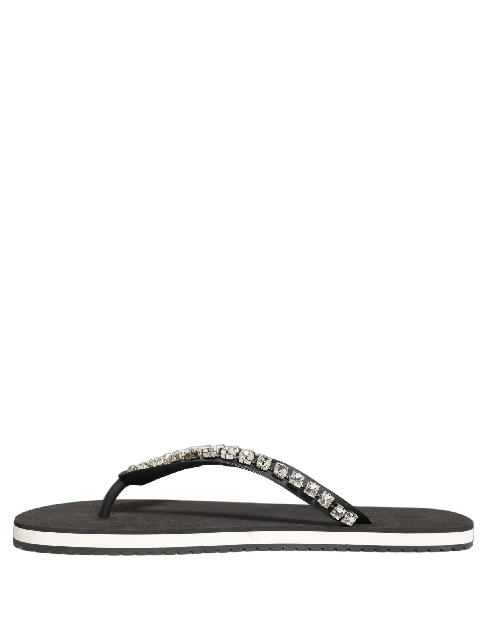 Dolce & Gabbana Black Embellished Rubber Flip Flops Men Shoes