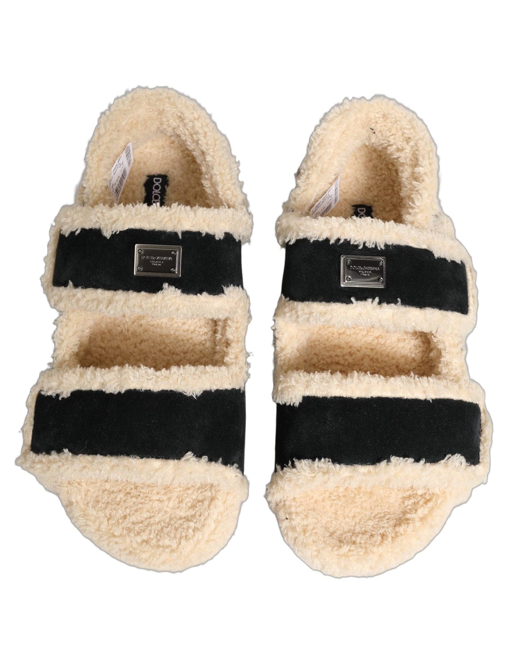 Dolce & Gabbana Beige Black Faux Fur Flats Men Sandals Shoes
