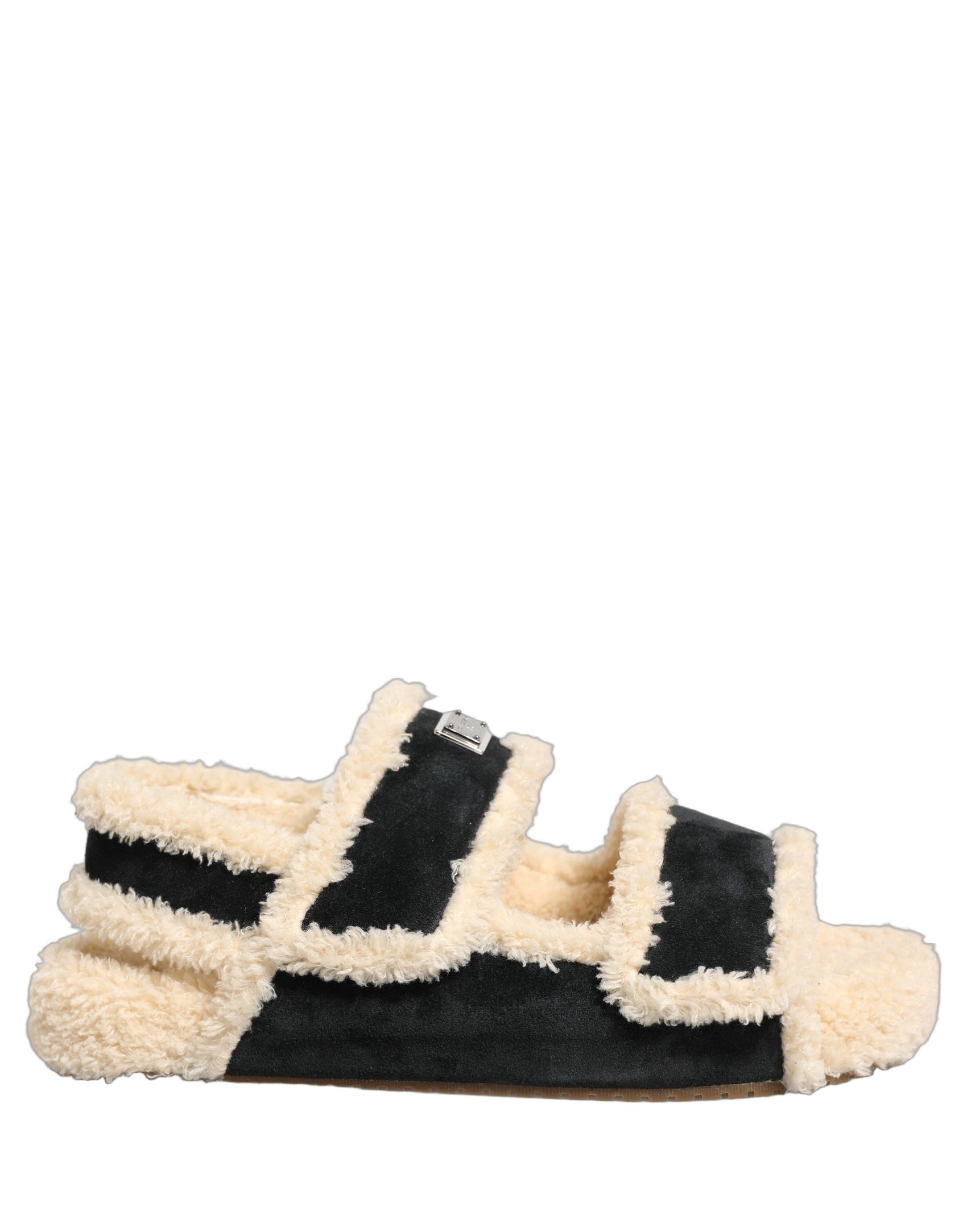 Dolce & Gabbana Beige Black Faux Fur Flats Men Sandals Shoes