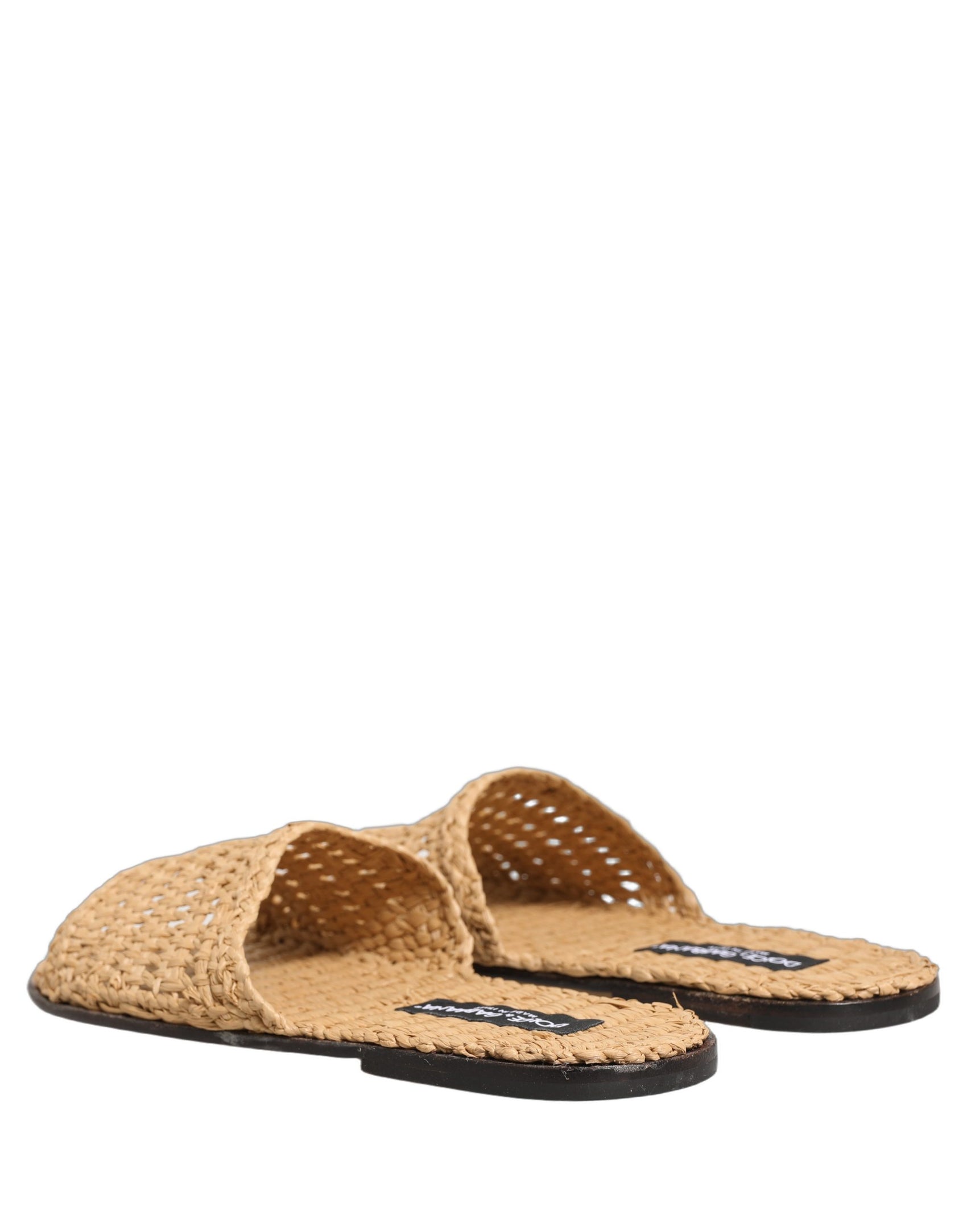 Dolce & Gabbana Beige Straw Raffia Slides Sandals Flats Shoes