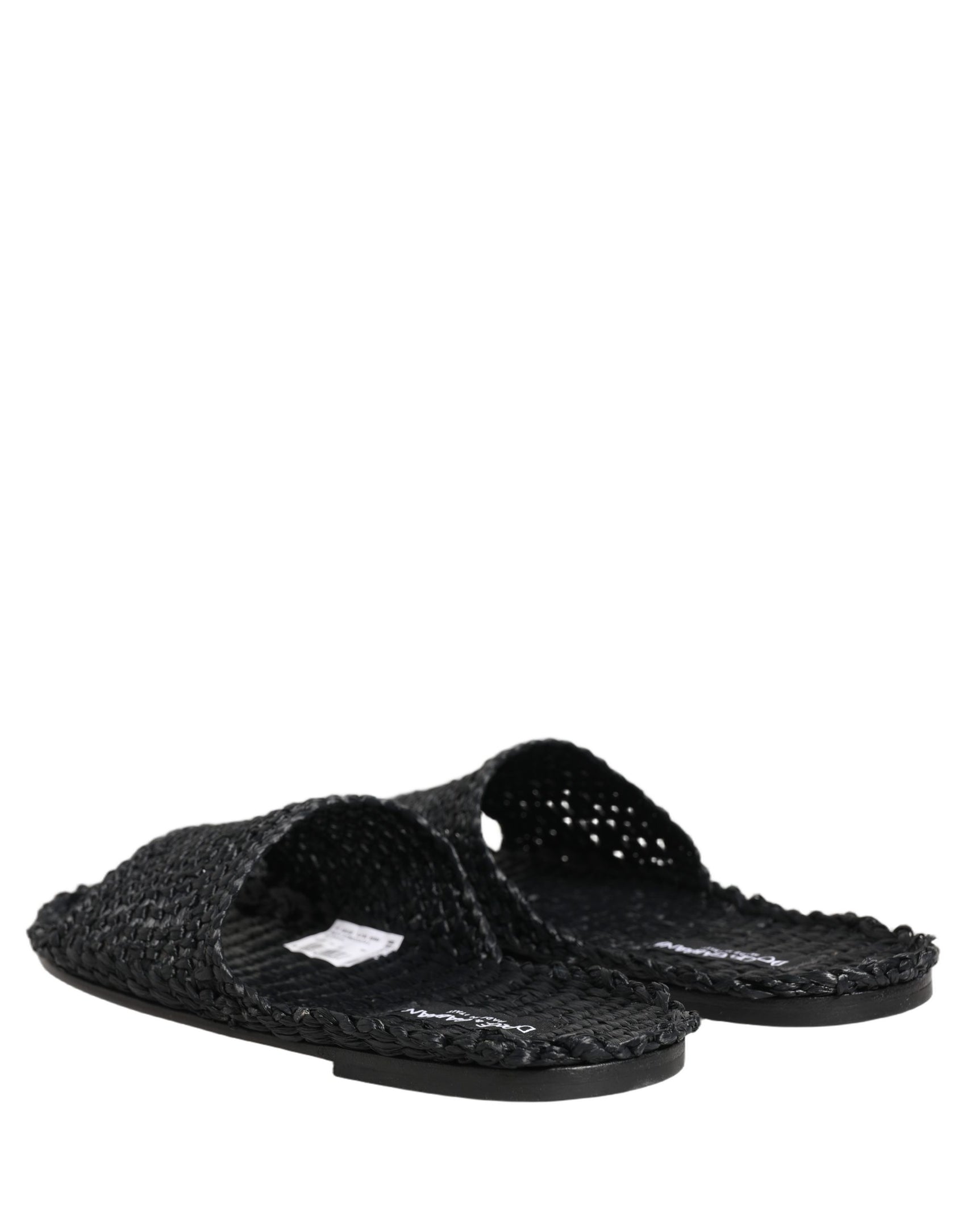 Dolce & Gabbana Black Straw Raffia Slides Sandals Flats Shoes