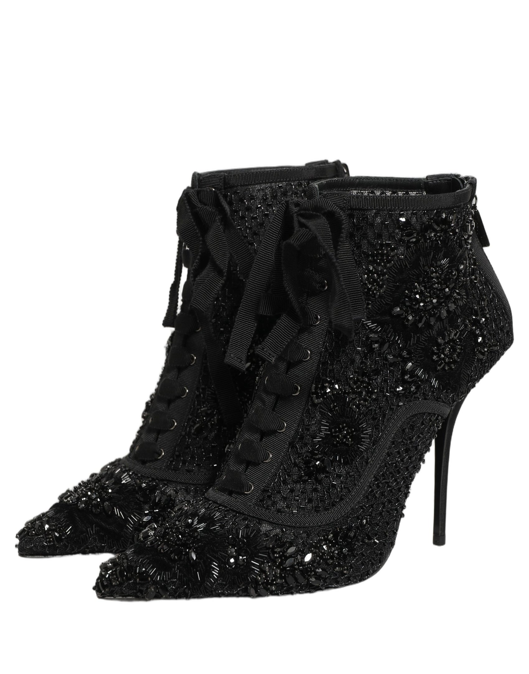 Dolce & Gabbana Black Embellished Mesh Ankle Boots Shoes