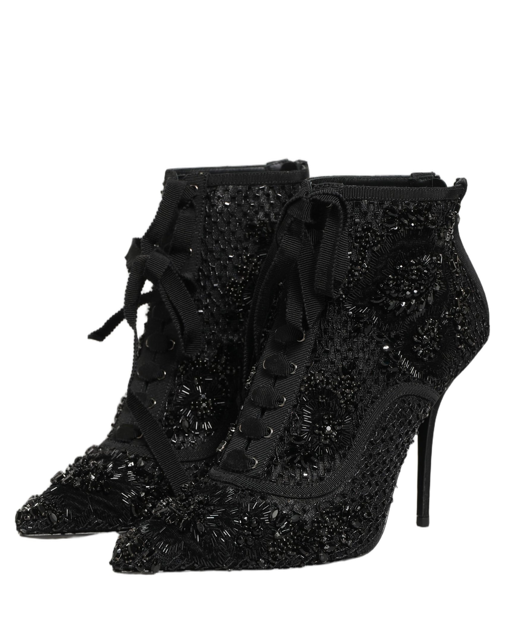 Dolce & Gabbana Black Embellished Mesh Ankle Boots Shoes