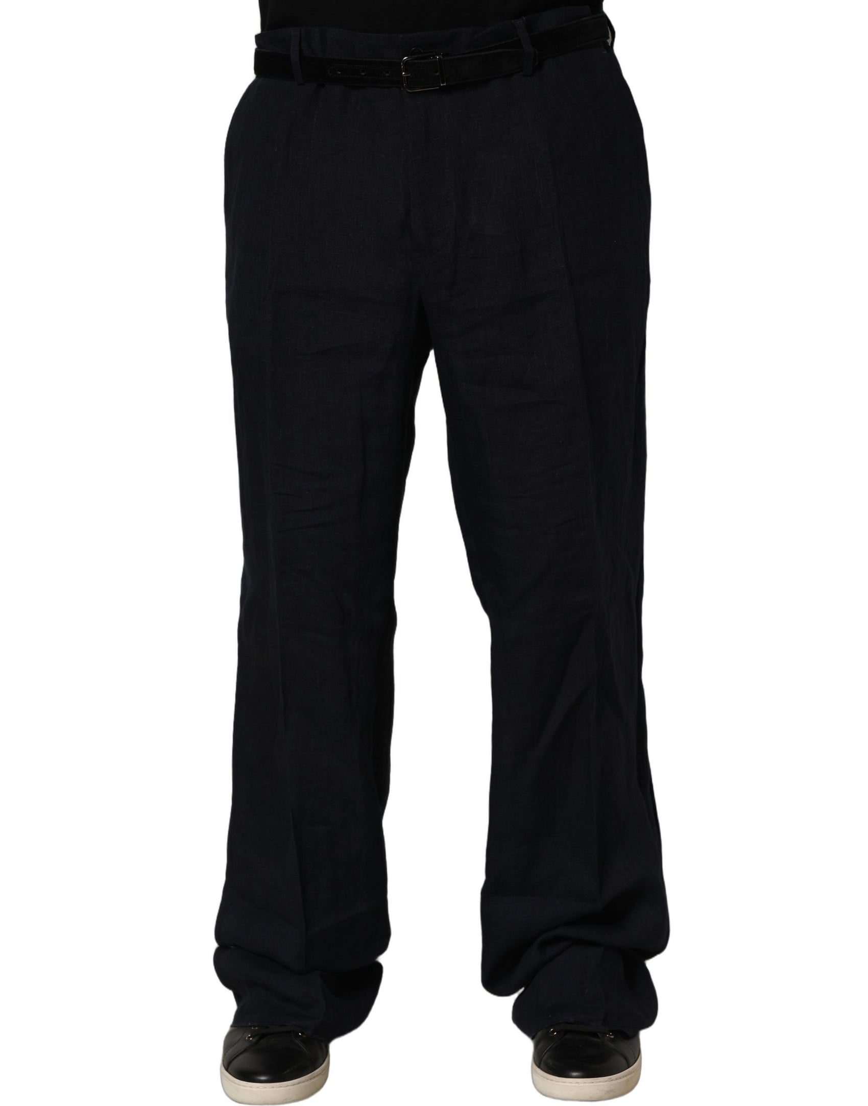 Dolce & Gabbana Black Linen Straight Leg Dress Trouser Pants