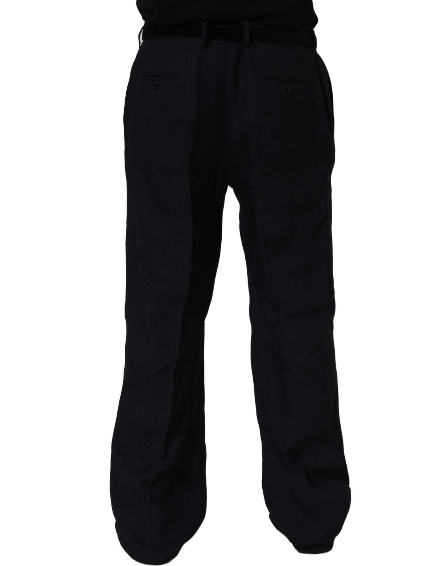 Dolce & Gabbana Black Linen Straight Leg Dress Trouser Pants