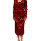 Dolce & Gabbana Red Silk Satin Draped Midi Floral Applique Dress