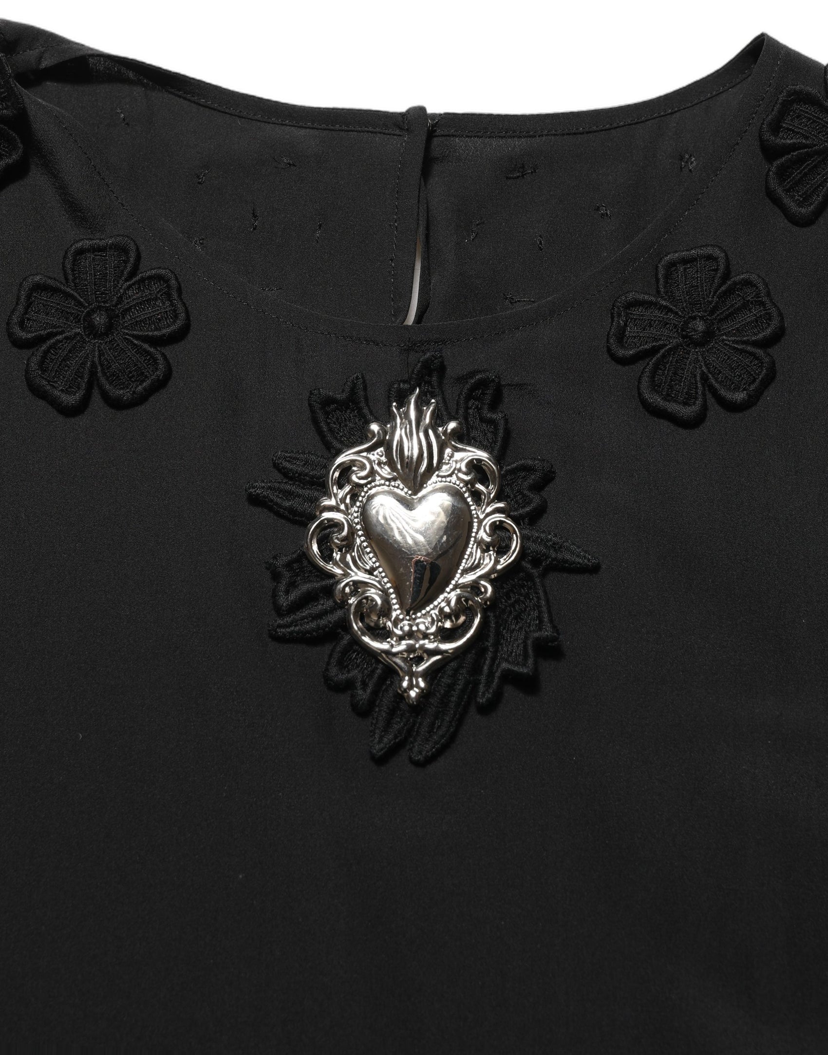 Dolce & Gabbana Black Floral Silk Heart Appliqué Blouse Top