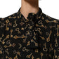 Dolce & Gabbana Black Keys Print Silk Tie Neck Blouse Top