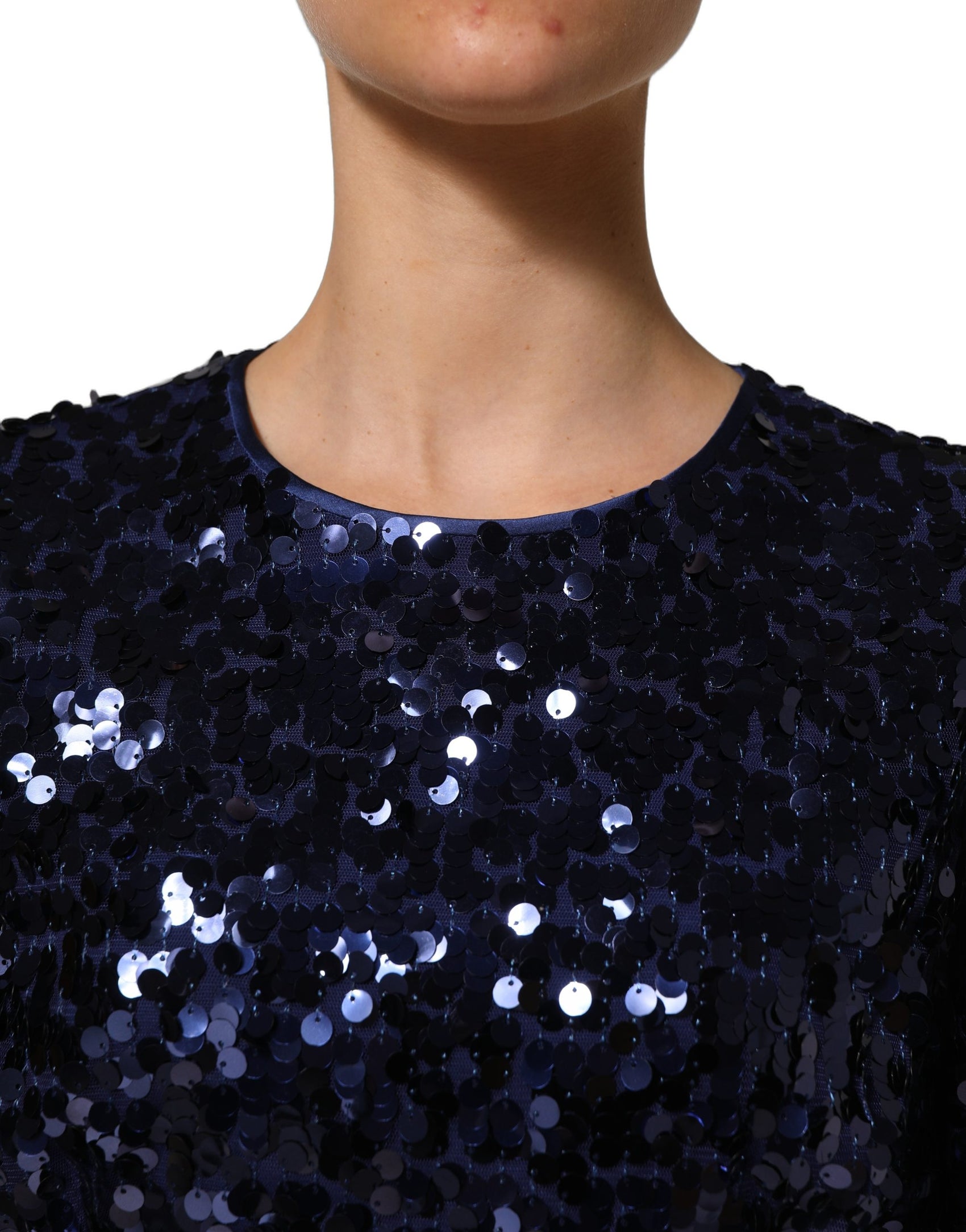 Dolce & Gabbana Blue Sequined Long Sleeves Crop Blouse Top