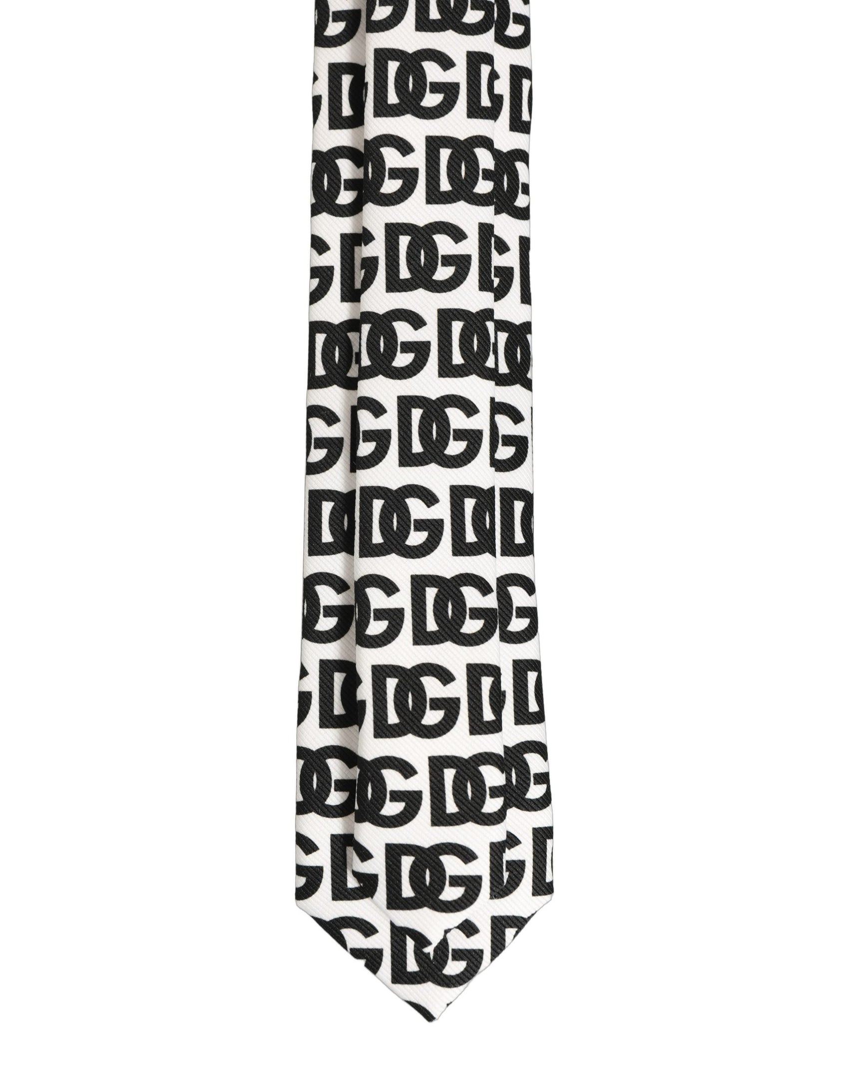 Dolce & Gabbana White Black Logo Monogram Wide Adjustable Men Necktie Tie