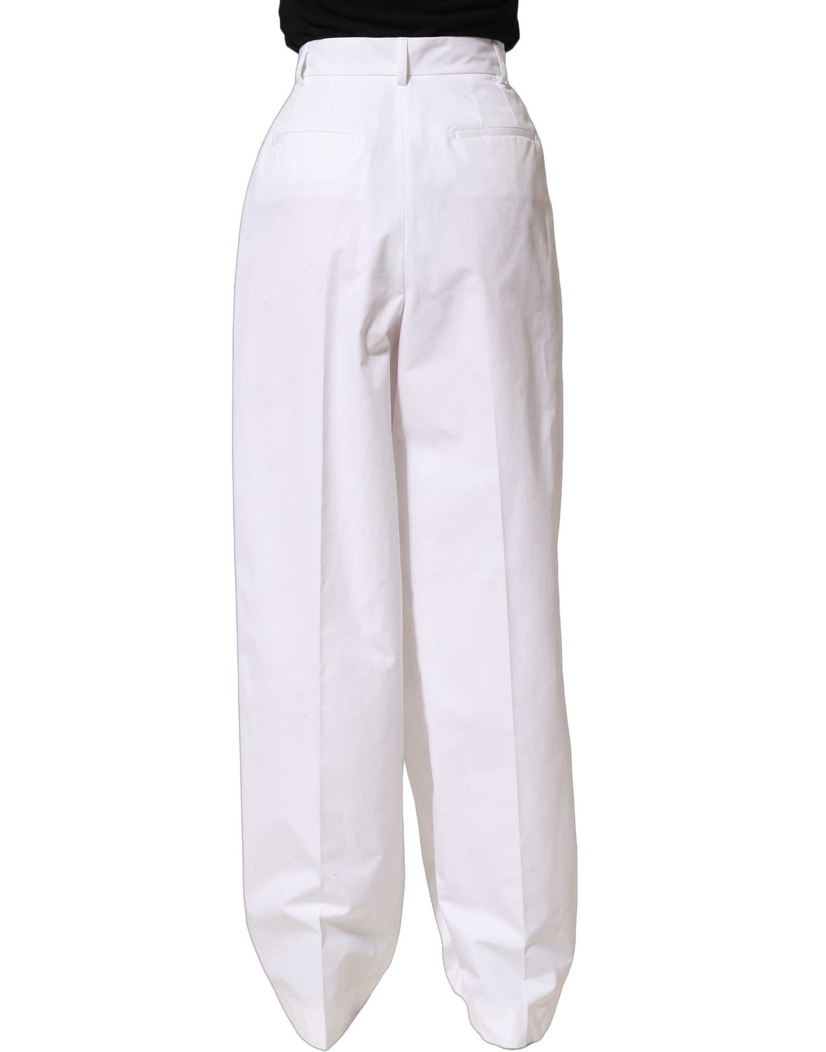 Dolce & Gabbana White Cotton High Waist Pleated Wide Leg Pants