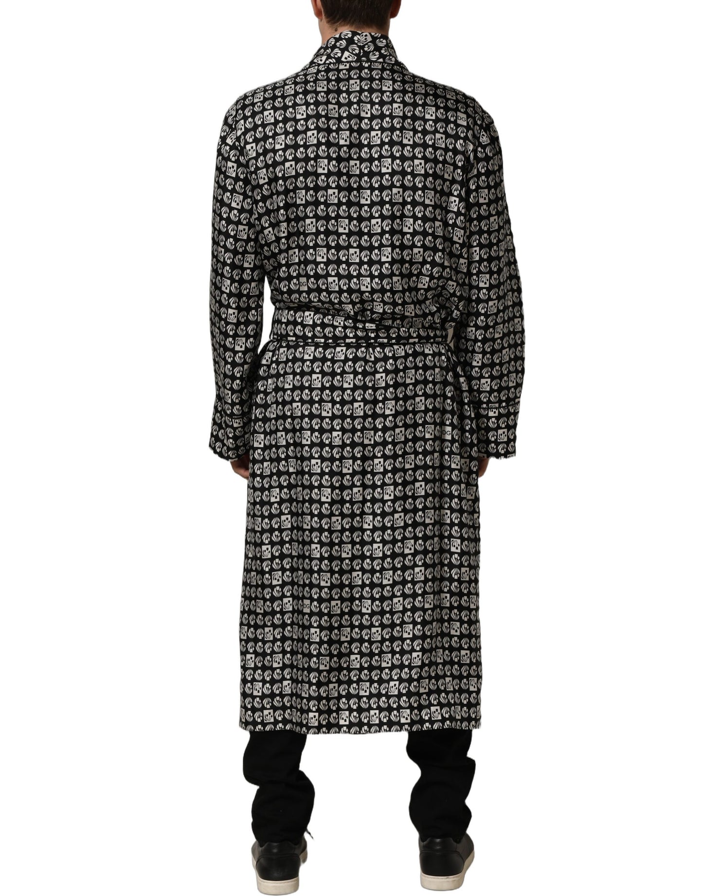 Dolce & Gabbana Black White Silk Men Wrap Robe Coat Jacket